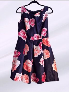 Jessica Howard Navy Floral Fit-and-Flare Dress w/ Pink & Coral Roses